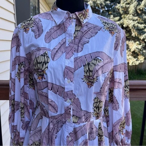 Desmond & Dempsey x H&M XS Cotton Banana Leaf Print Button Dress Puff Sleeve - Picture 4 of 15